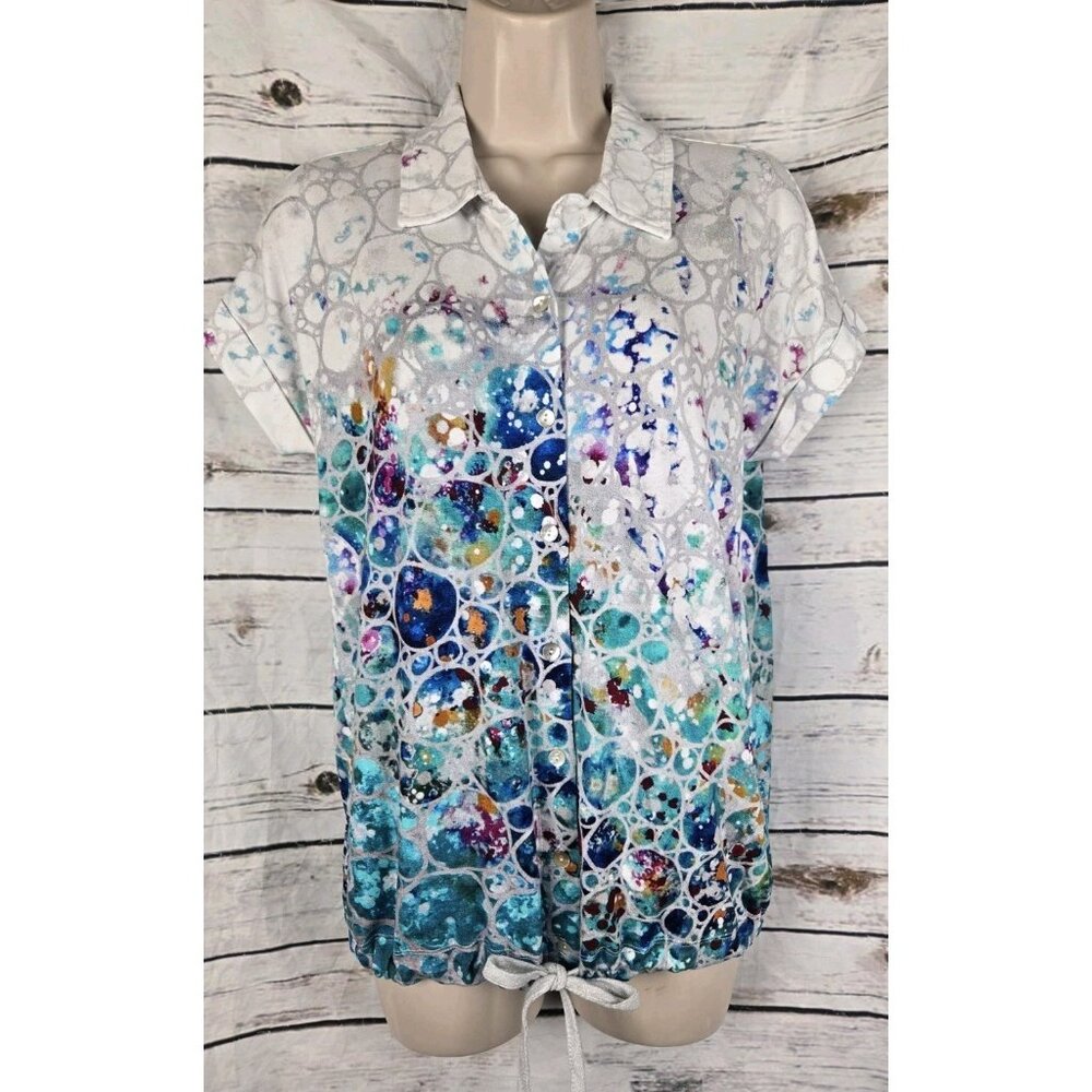 Simply Art Dolcezza Knit Top XS Button Colorful Short Sleeves Drawstring Waist